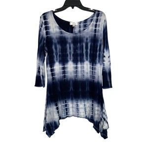 Shannon Ford New York Womens Sz S Blue Tie Dye Tunic 3/4 Sleeve Shark Bite Round